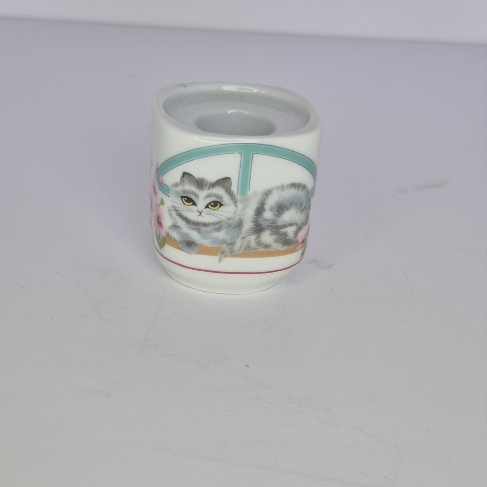 Sunny Design West Germany Candle Holder Featuring Cat And Cherry Blossom Trees